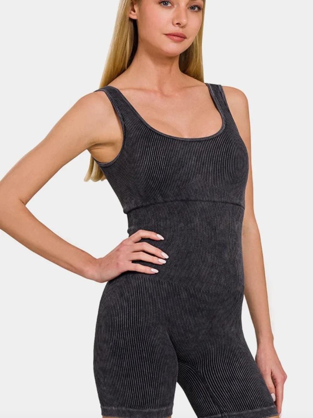Zenana- Seamless Ribbed Scoop Neck Romper - Charcoal with padding.